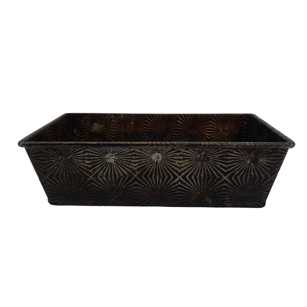 Vintage Embossed Starburst Metal Loaf Pan Rustic Geometric Baking Tin 9 Inch